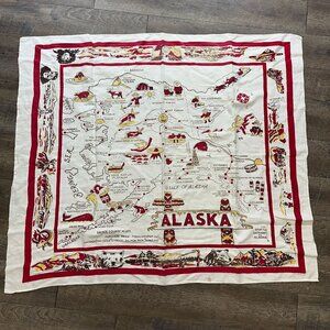 Vtg 50s Alaska Tablecloth Souvenir Red White Cotton Square Anchorage 50x43